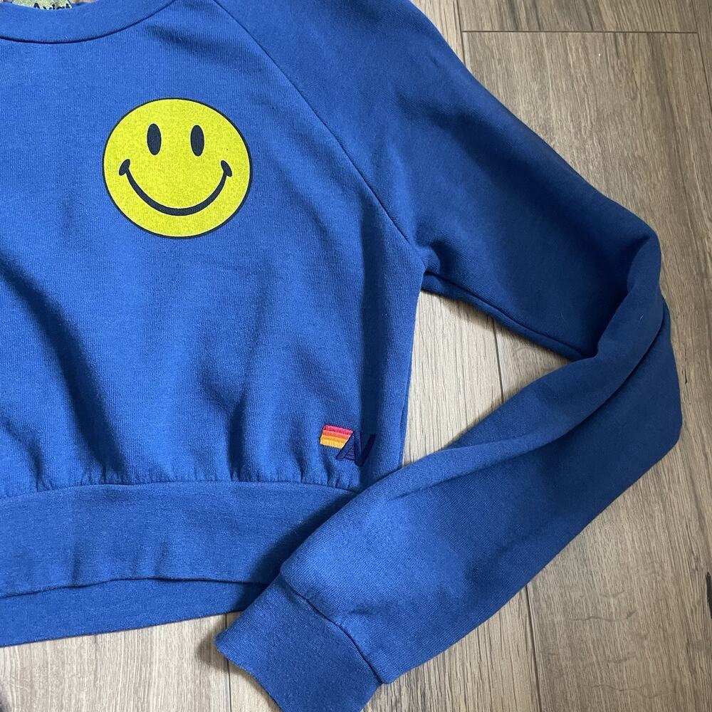 Aviator Nation SoulCycle Size Medium Smiley Face Crop Sweatshirt Blue Crewneck - Picture 3 of 9